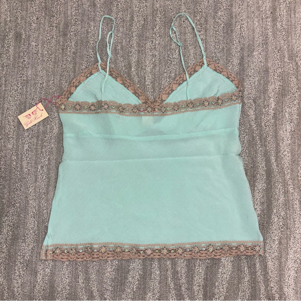 NWT Gold Hawk 100% Silk Beaded Lace Trim Camisole Tiffany Boho Fairy Women’s L - Picture 4 of 10